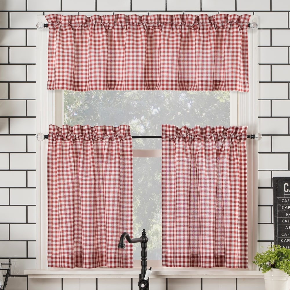 No. 918 Parkham Farmhouse Plaid Semi-Sheer Rod Pocket Kitchen Curtain Valance and Tiers Set