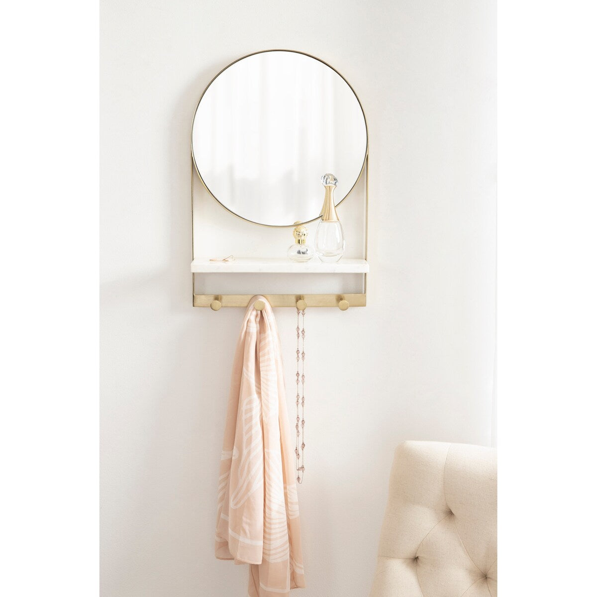 Kate and Laurel Chadwin Round Mirror with Shelf and Hooks