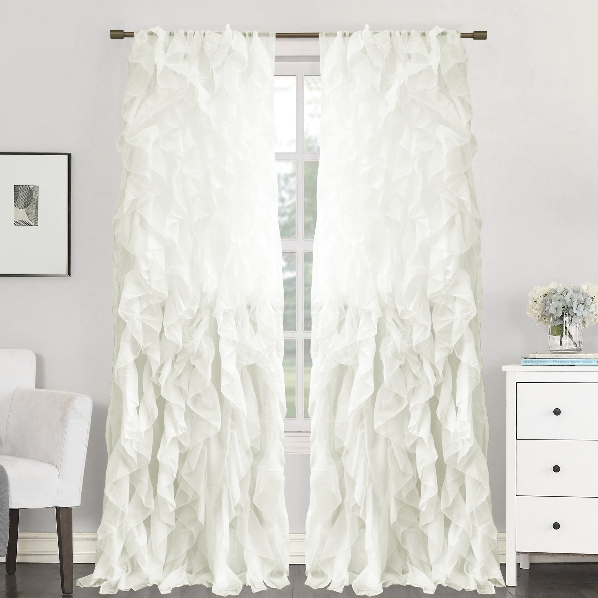 Sweet Home Collection Sheer Voile Waterfall Ruffled Tier 108 Inch Single Curtain Panel - 108 long x 50 wide