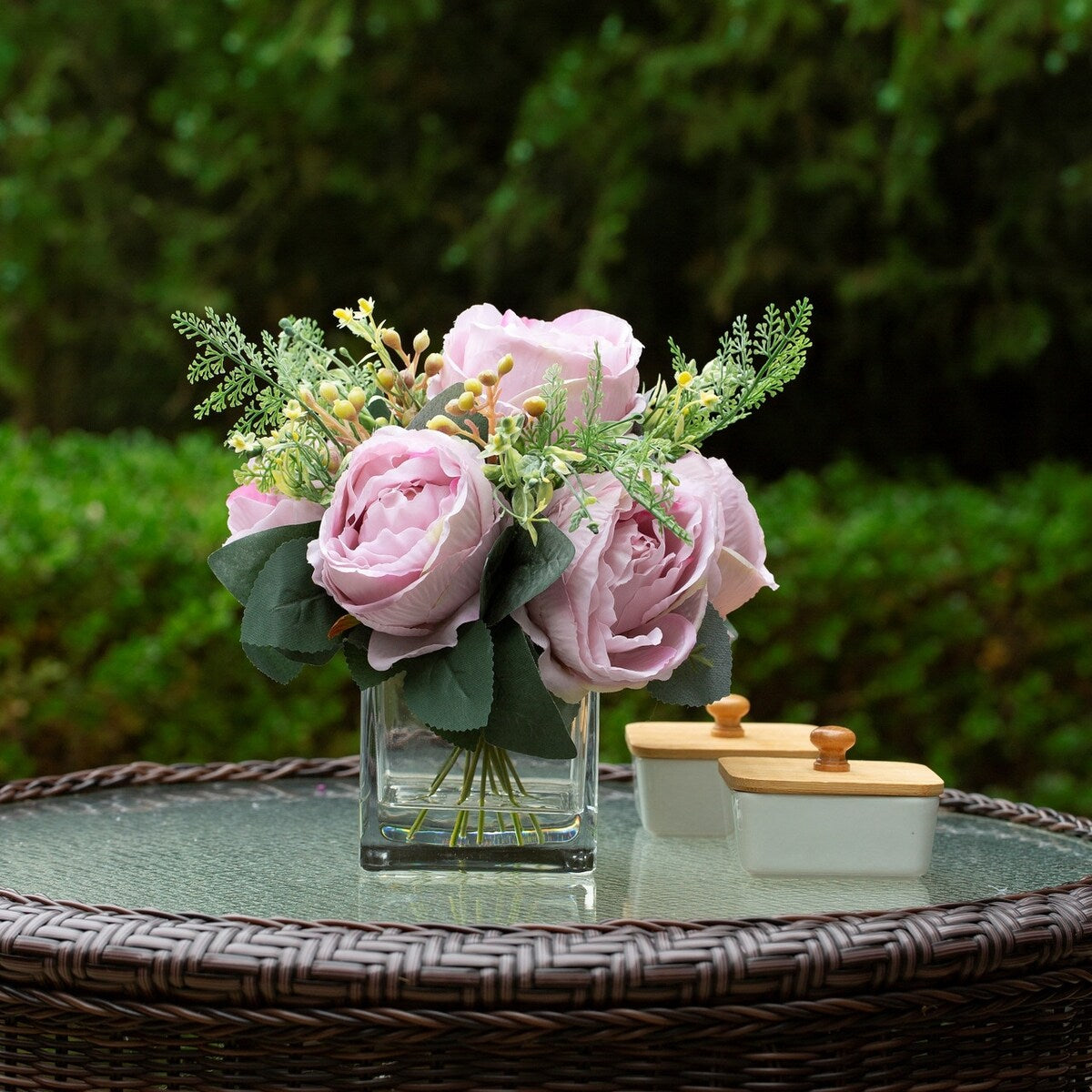 Mixed Peony Artificial Flowers in Vase with Faux Water, Silk Flower Arrangements in Vase for Home Decor, Wedding Table