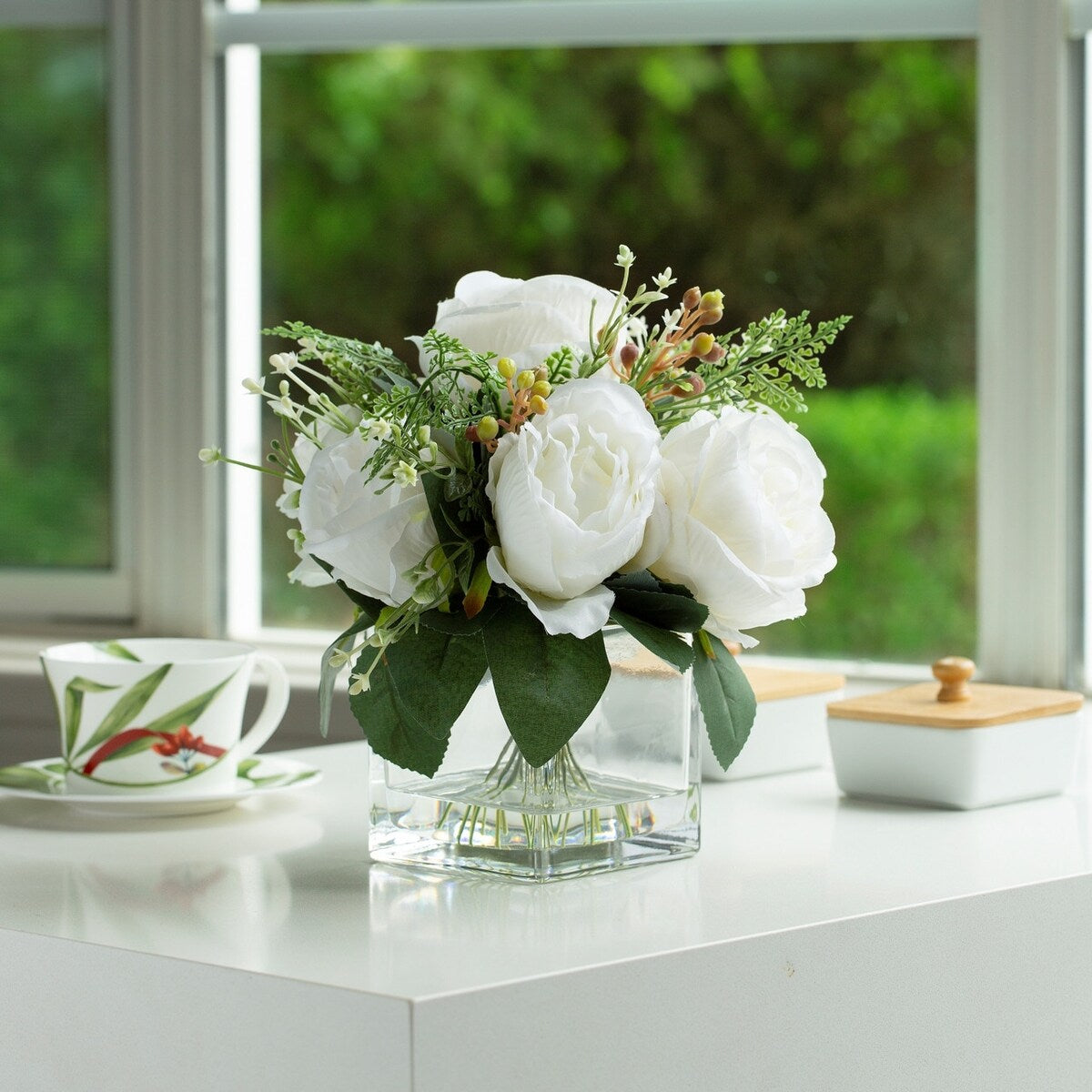 Mixed Peony Artificial Flowers in Vase with Faux Water, Silk Flower Arrangements in Vase for Home Decor, Wedding Table