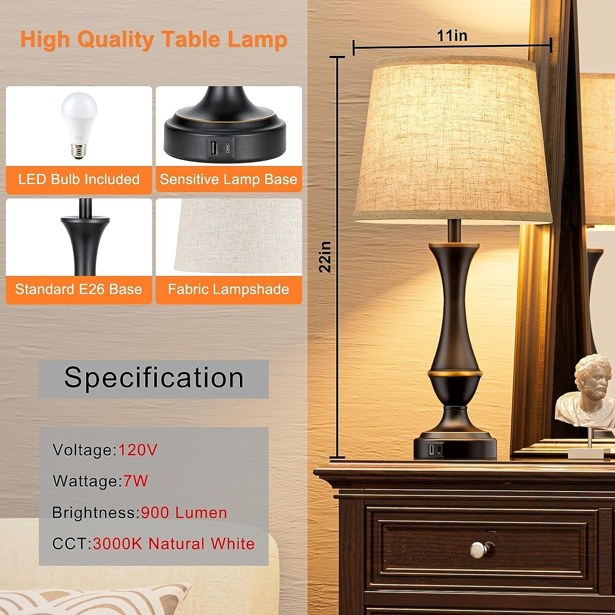 Touch Lamps Set of 2 - Nightstand Table Lamp with USB C+A, 3 Way Dimmable