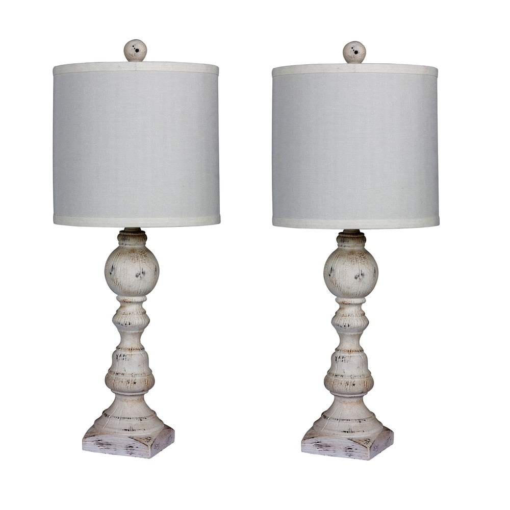 Fangio Lighting's 6241CAW-2PK Pair Of 26 in. Distressed Balustrade Resin Table Lamps in a Cottage Antique White Finish