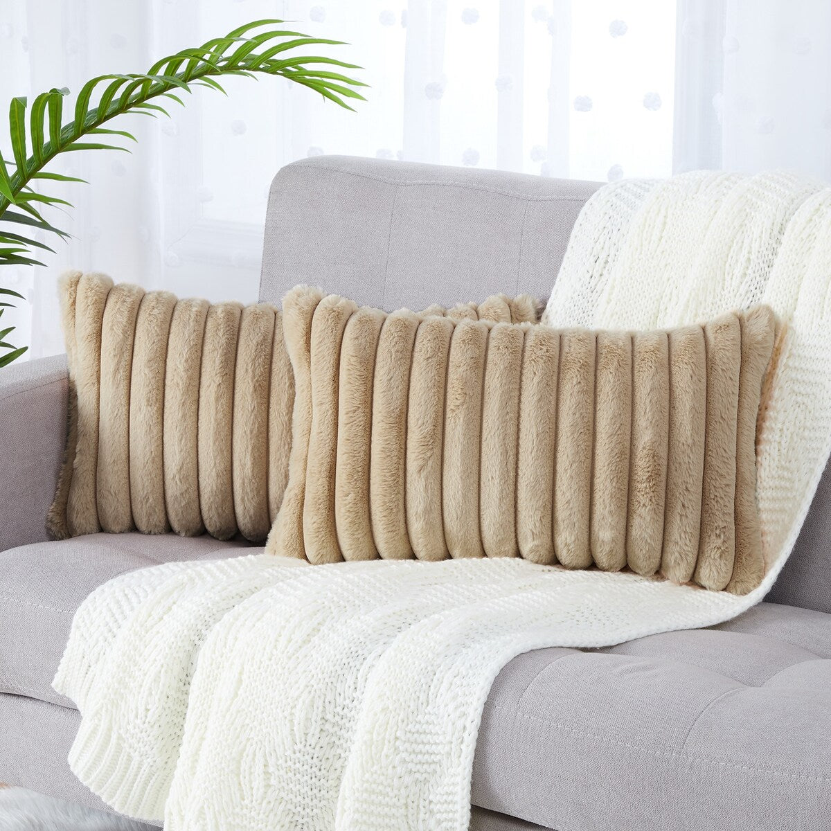 Pack of 2 Faux Fur Plush Decorative Throw Pillow Covers Striped Couch Cushion Case Soft Fluffy Pillowcases