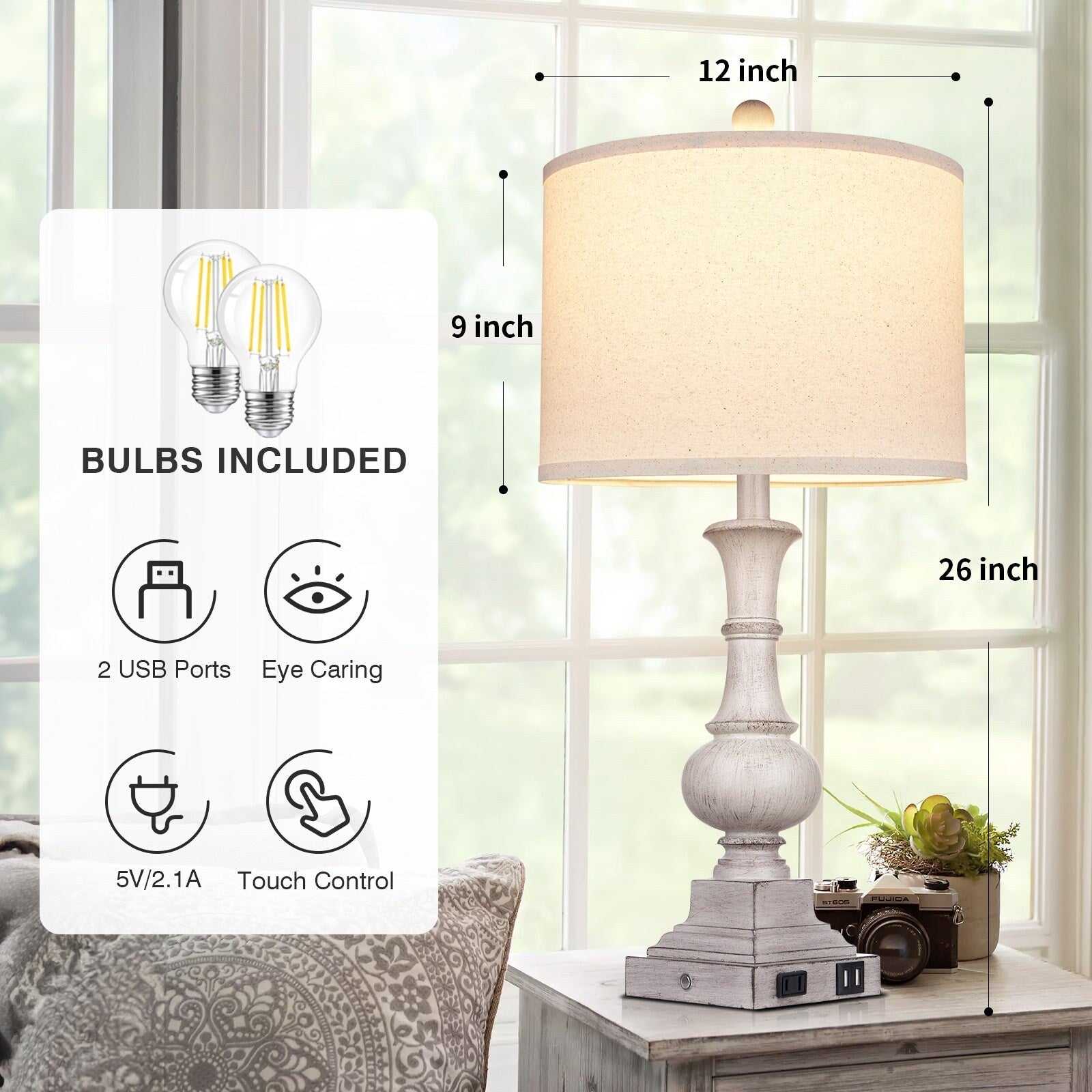 Grey Resin Table Lamps with USB & Type-C Charging Ports AC Outlet & 3-Way Dimming Switch (Set of 2)