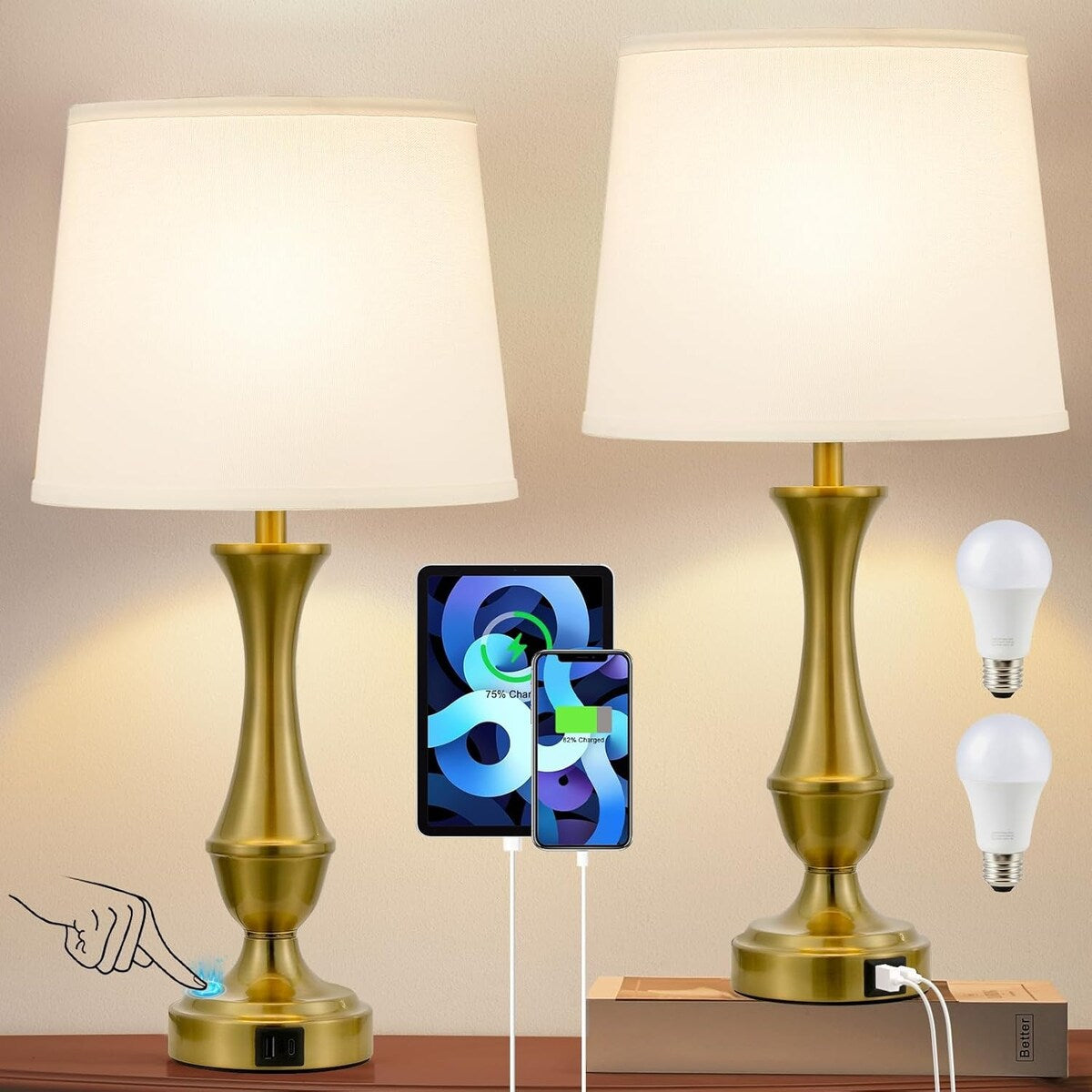 Touch Lamps Set of 2 - Nightstand Table Lamp with USB C+A, 3 Way Dimmable