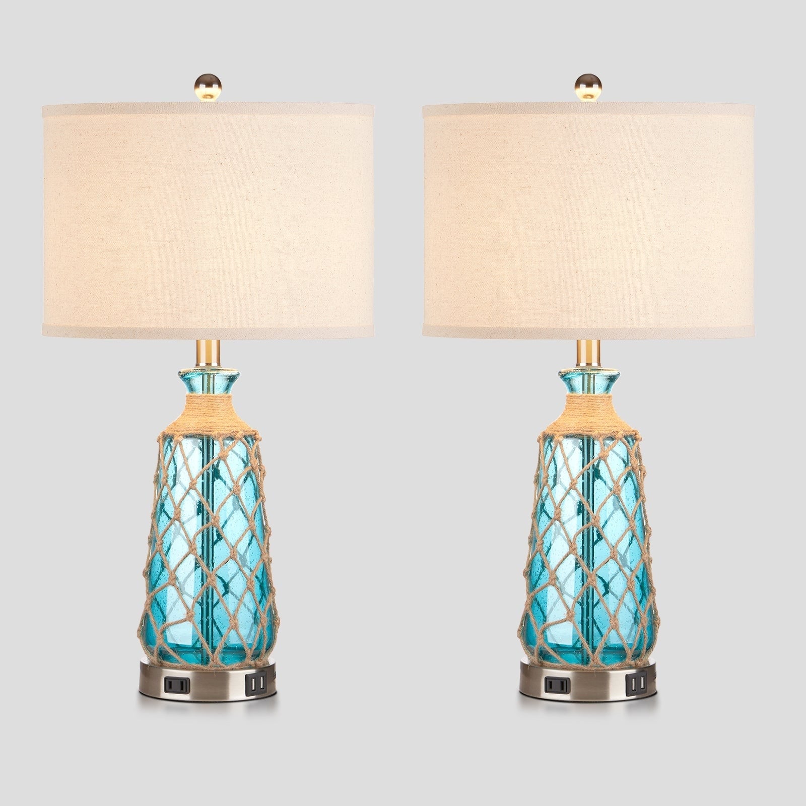 Blue Bubble Glass Table Lamp with Artistic Woven Rattan 3-way Dimming USB Port AC Outlet (Set of 2)