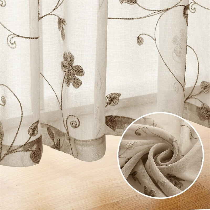 2 Panels Embroidered Leaf Pattern Curtains