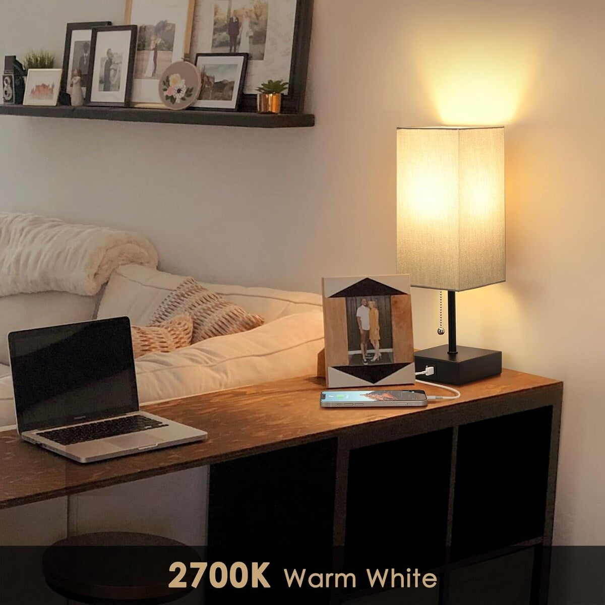 The Bedside Table Lamp, Pull Chain Table Lamp with USB C+A Charging Ports, 2700K LED Bulb, Fabric Linen Lampshade