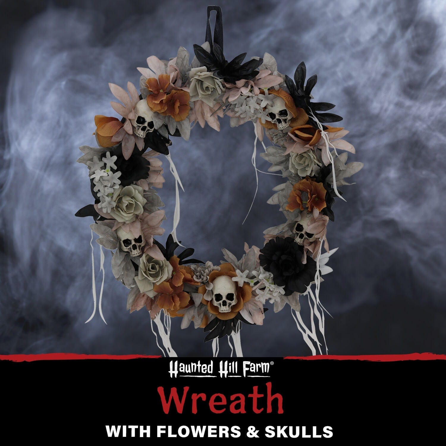 Haunted Hill Farm 1.83-ft. Halloween Autumn Wreath with Skulls, Indoor/Covered Outdoor Halloween Decoration