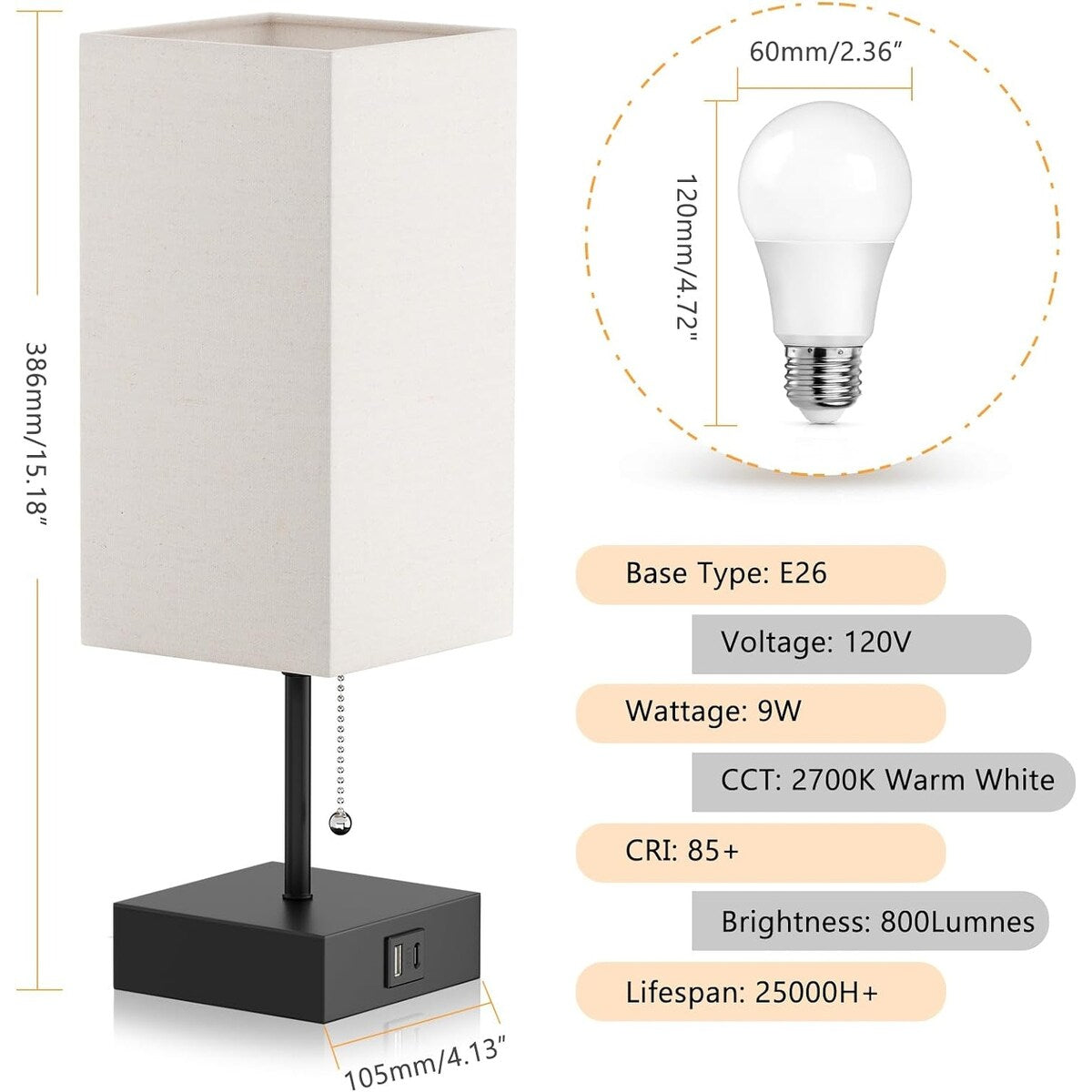 The Bedside Table Lamp, Pull Chain Table Lamp with USB C+A Charging Ports, 2700K LED Bulb, Fabric Linen Lampshade