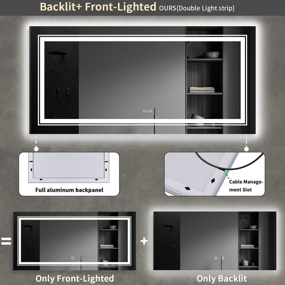 Extra Large Illuminated LED Bathroom Mirror Touch Sensor Anti Fog