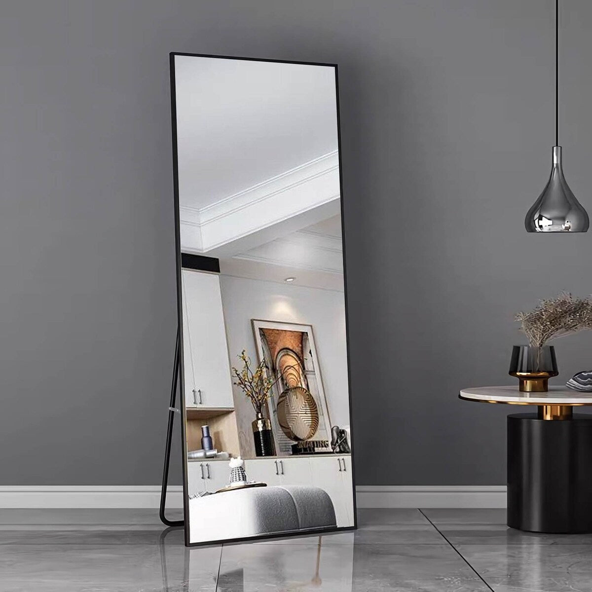 Solid wood frame full-length mirror, floor mounted/wall mounted