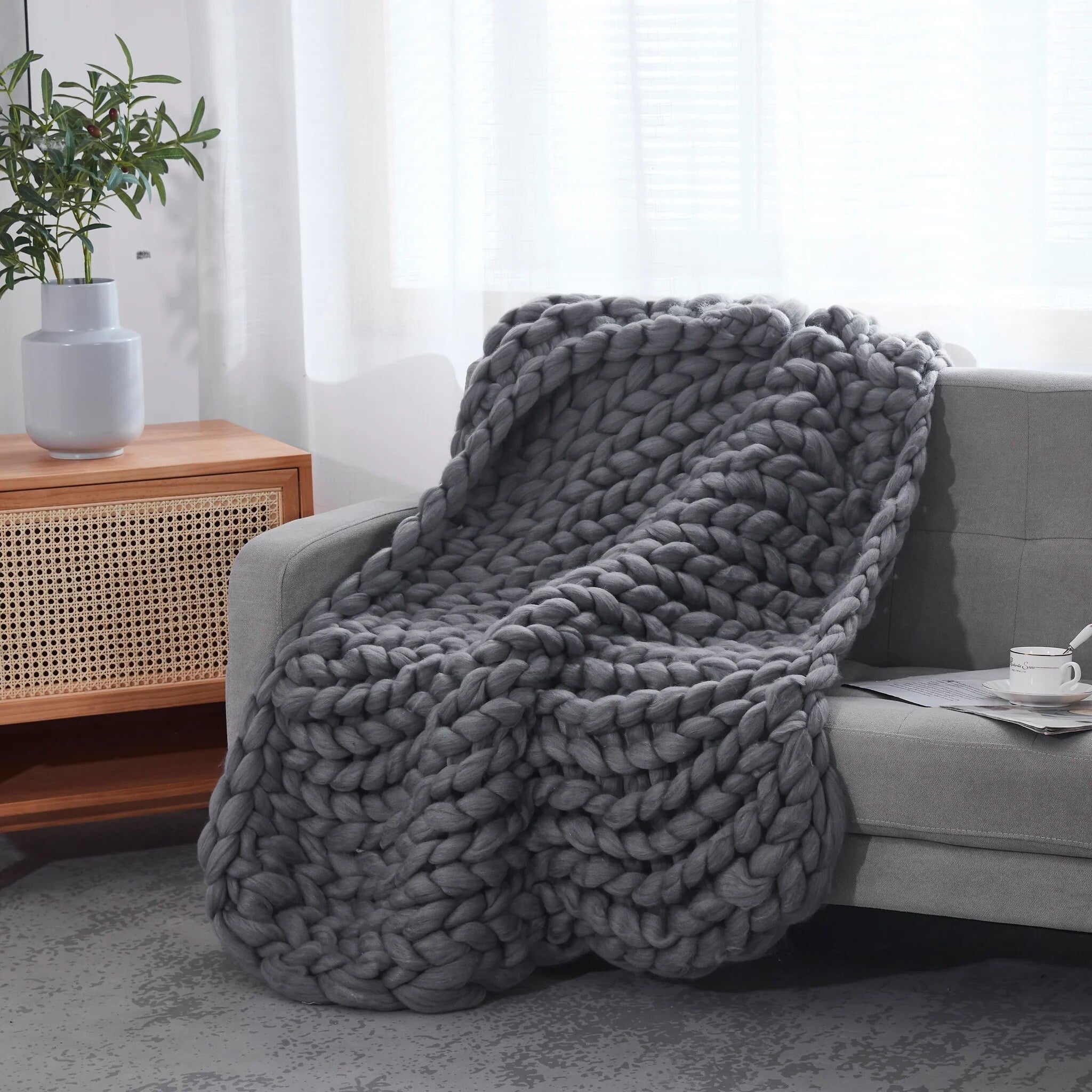 HomeRoots Dark Grey Boho Chunky Knit Throw Blanket