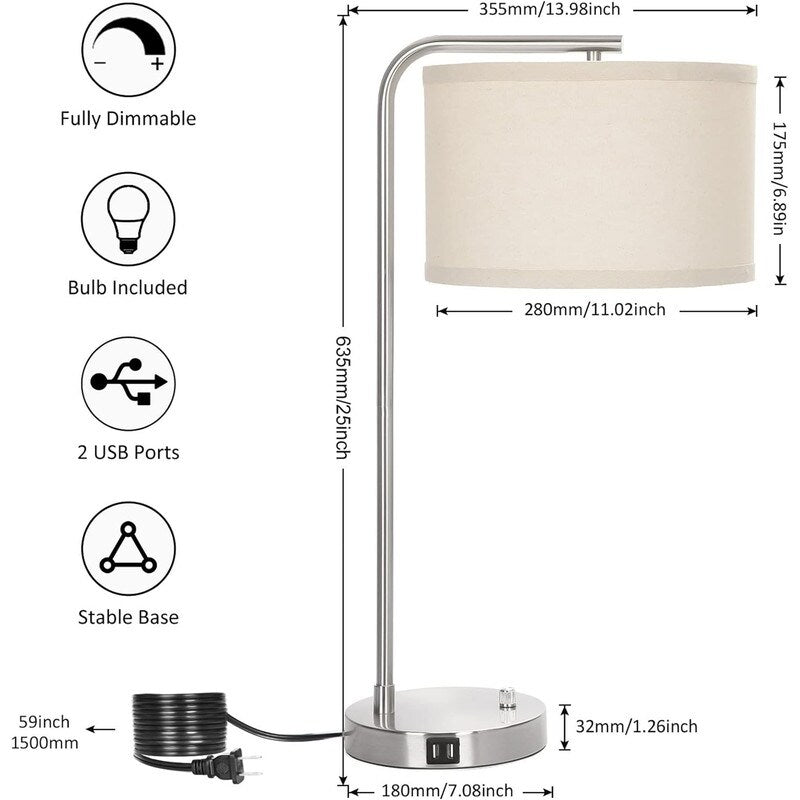 Dual USB port side table lamp, dimmable bedside lamp, desktop reading light - 13.98D x 13.98W x 25H