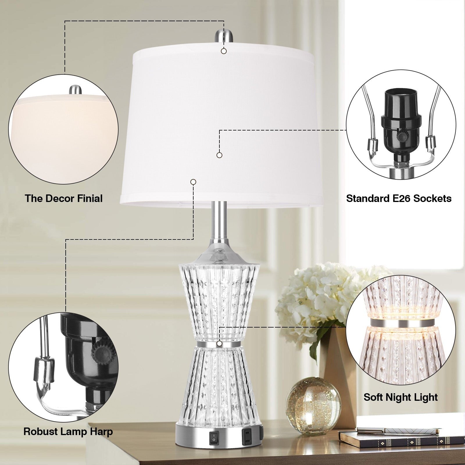 White Acrylic Table Lamp Night light 2in1 with 2 USB Charging Ports 1 AC Outlet Rotary Switch & Rocker Switch (Set of 2)