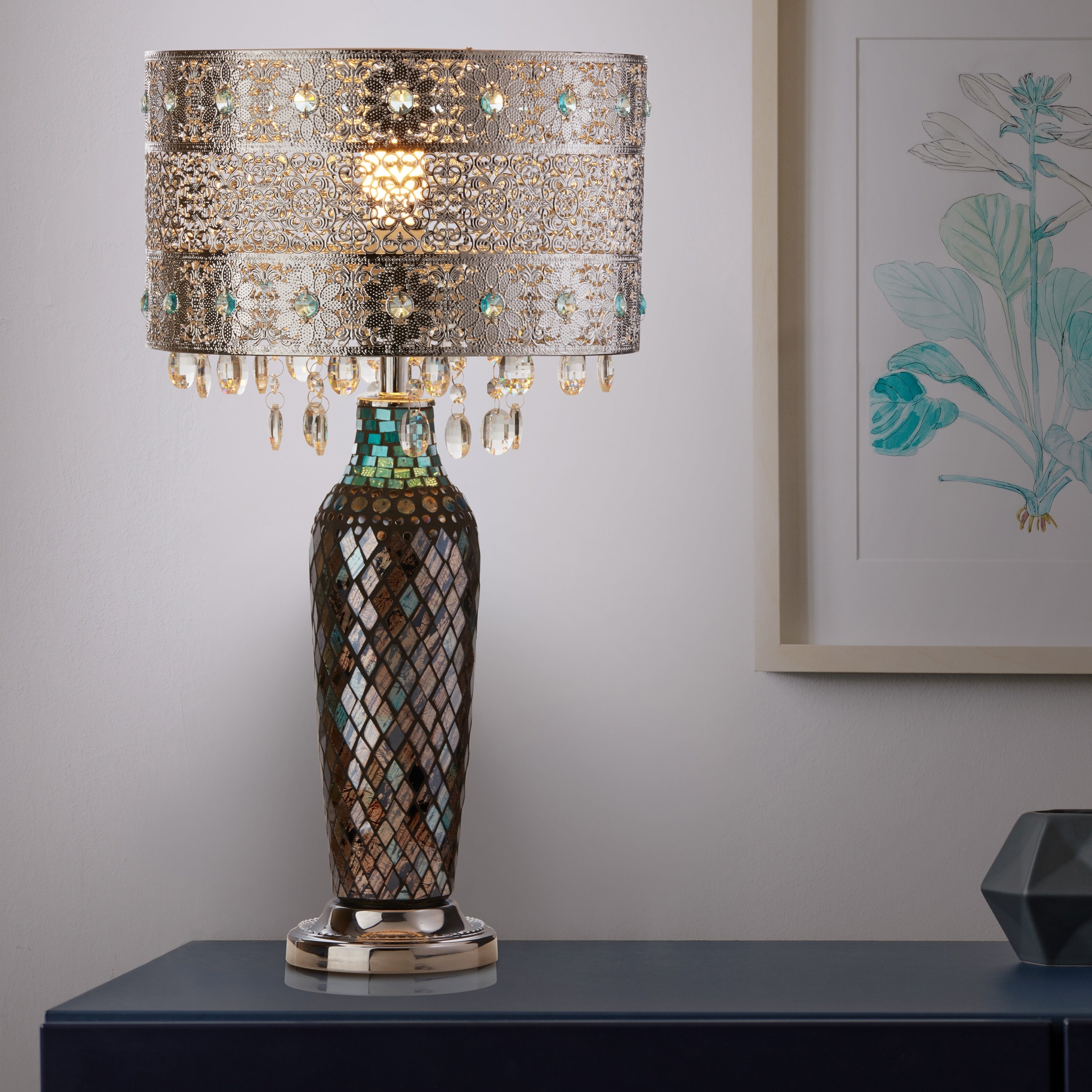 Metal Mosaic Hanging Glass Crystal Table Lamp - 13L x 13W x 24.25H