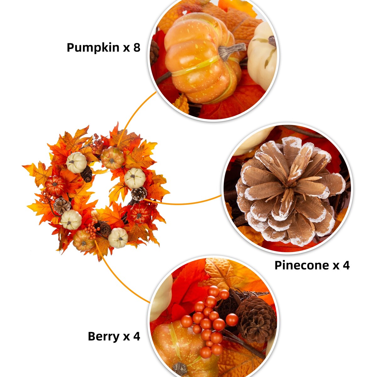 20 Autumn Wreath,Fall Wreath for Thanksgiving Decorations and Halloween, Artificial Front Door Wreath with Maple Leaf