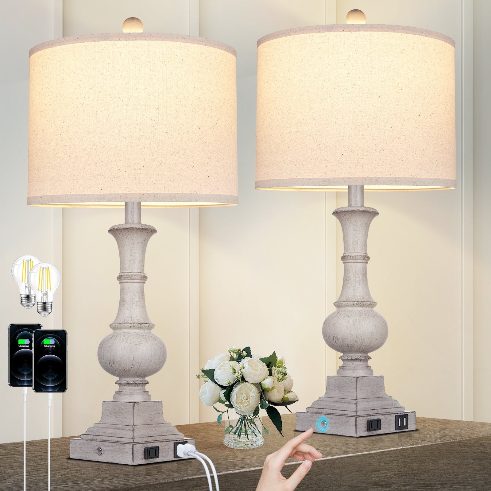 Grey Resin Table Lamps with USB & Type-C Charging Ports AC Outlet & 3-Way Dimming Switch (Set of 2)