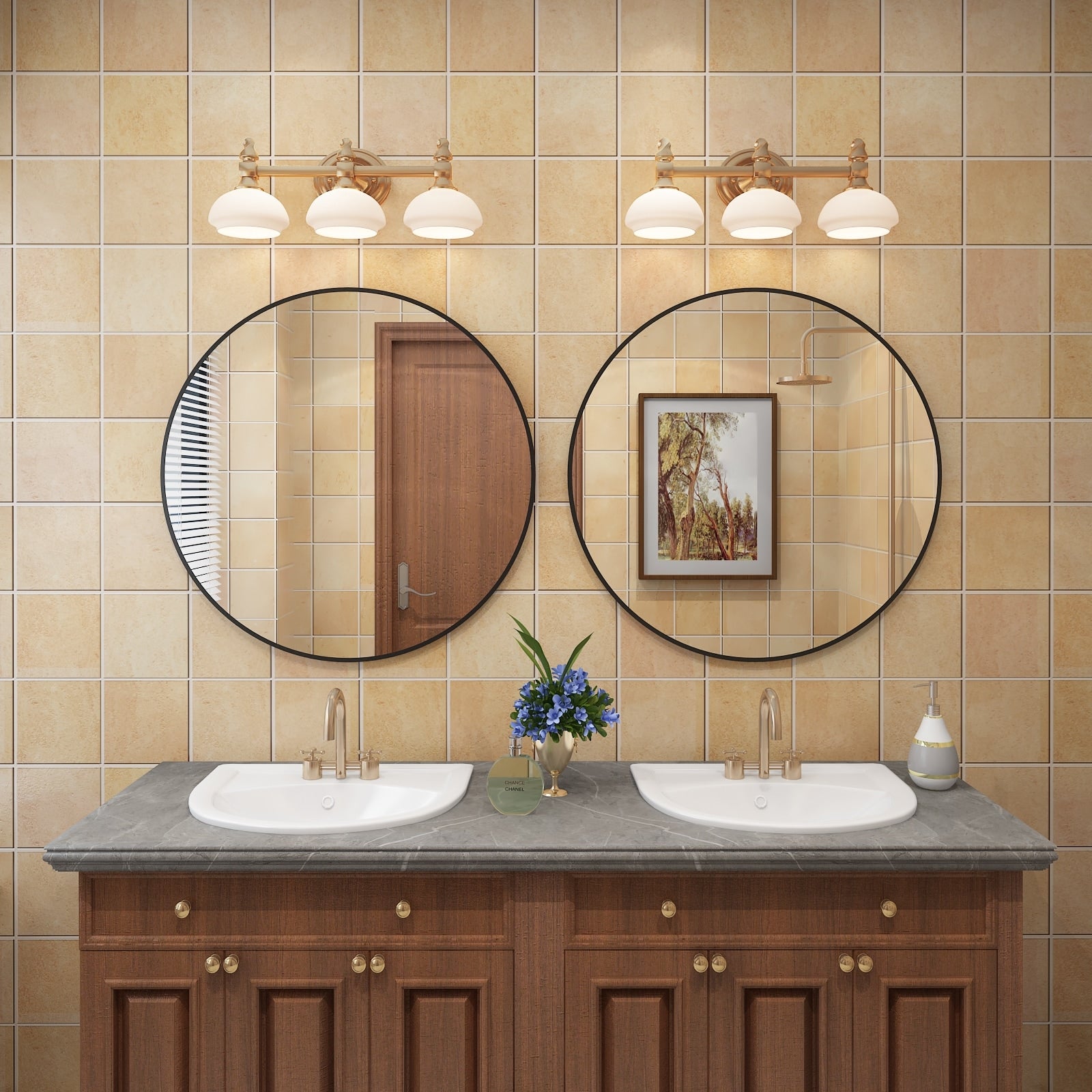 Apmir Round Metal Black Frame Bathroom Vanity Mirror Wall-mounted mirror