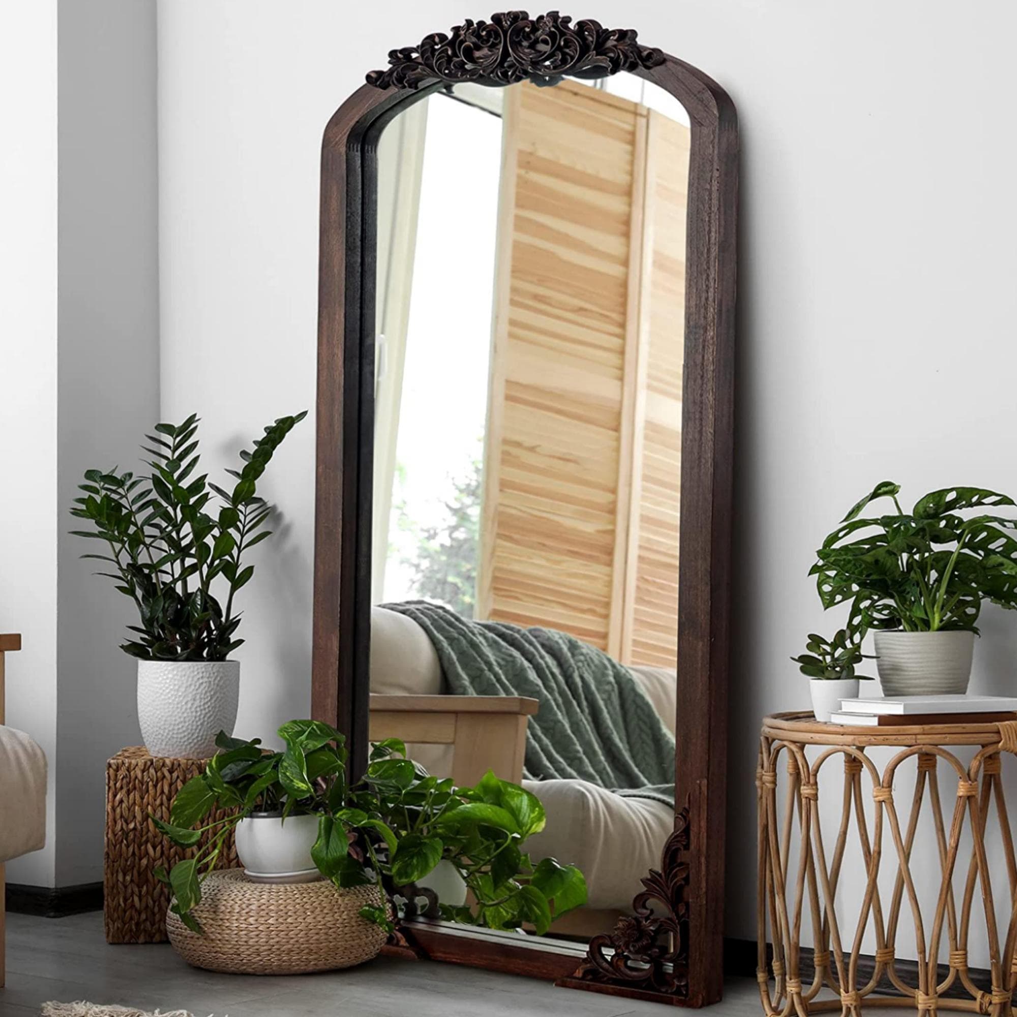 Arched Full-Length Solid Wood Carving Floor Mirror - 67*28