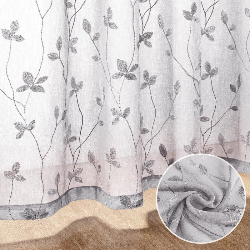 2 Panels Embroidered Leaf Pattern Curtains