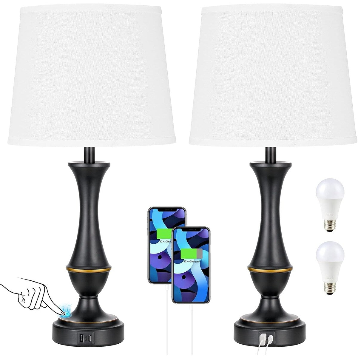 Touch Lamps Set of 2 - Nightstand Table Lamp with USB C+A, 3 Way Dimmable