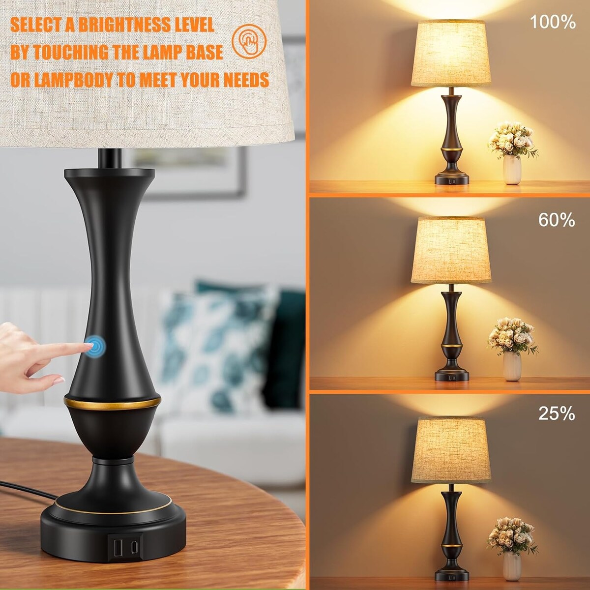 Touch Lamps Set of 2 - Nightstand Table Lamp with USB C+A, 3 Way Dimmable