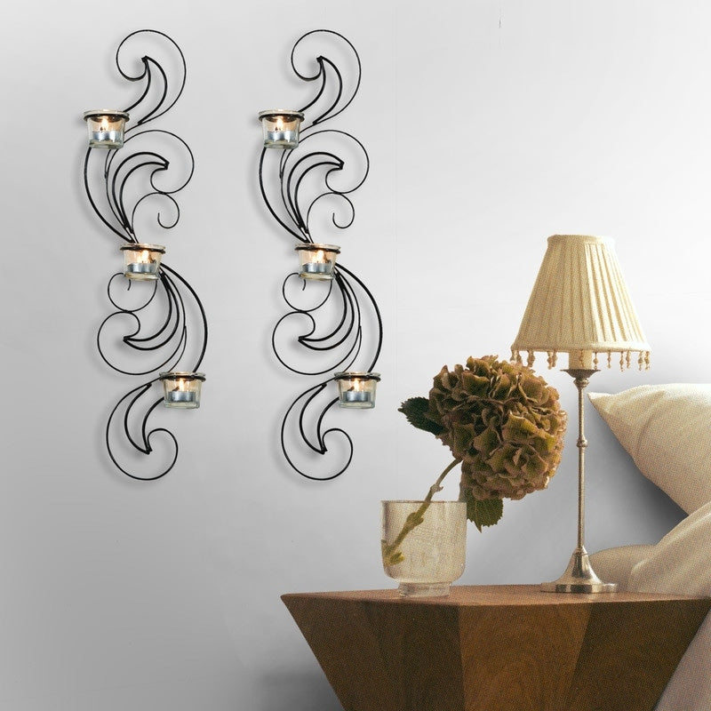 Adeco Set of 2 Metal Wall Sconces with Glass Candle Holder - 5.9 x 3 x 24.4