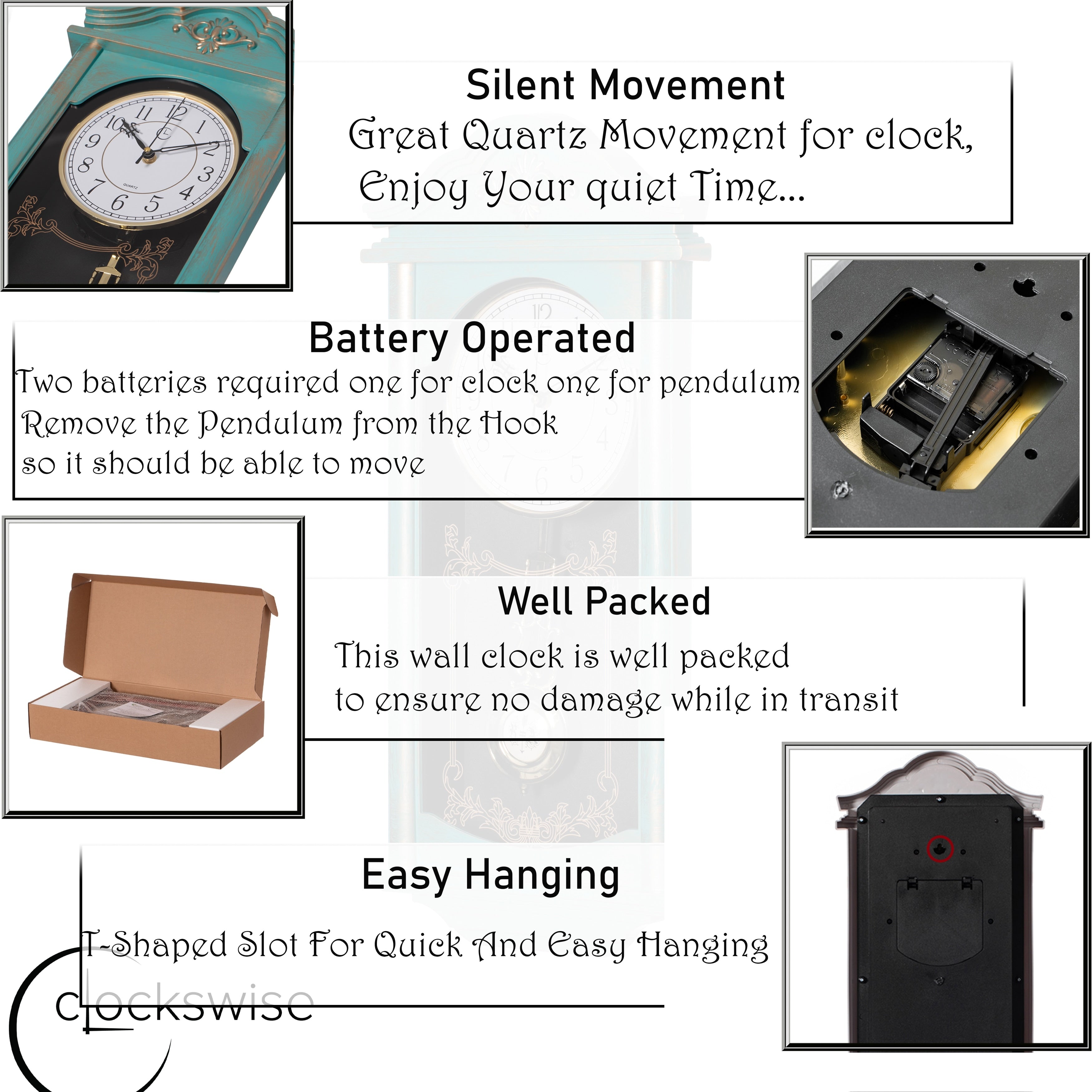 Clockswise Vintage Grandfather Wood-Looking Plastic Pendulum Decorative Battery-Operated Wall Clock Brown, for Home Decor