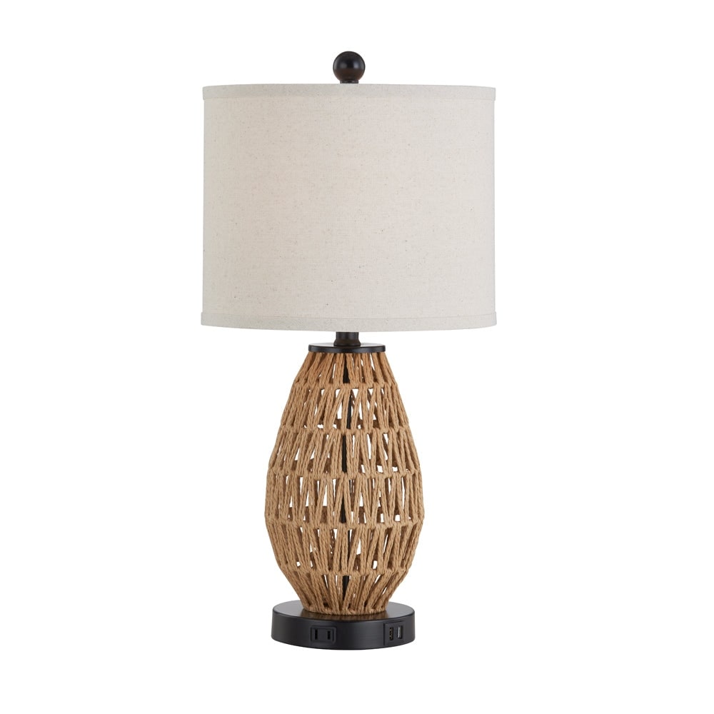 Brown Rattan Woven Table Lamp with 3-way Touch Dimming Switch USB Charging Ports and AC Outlet