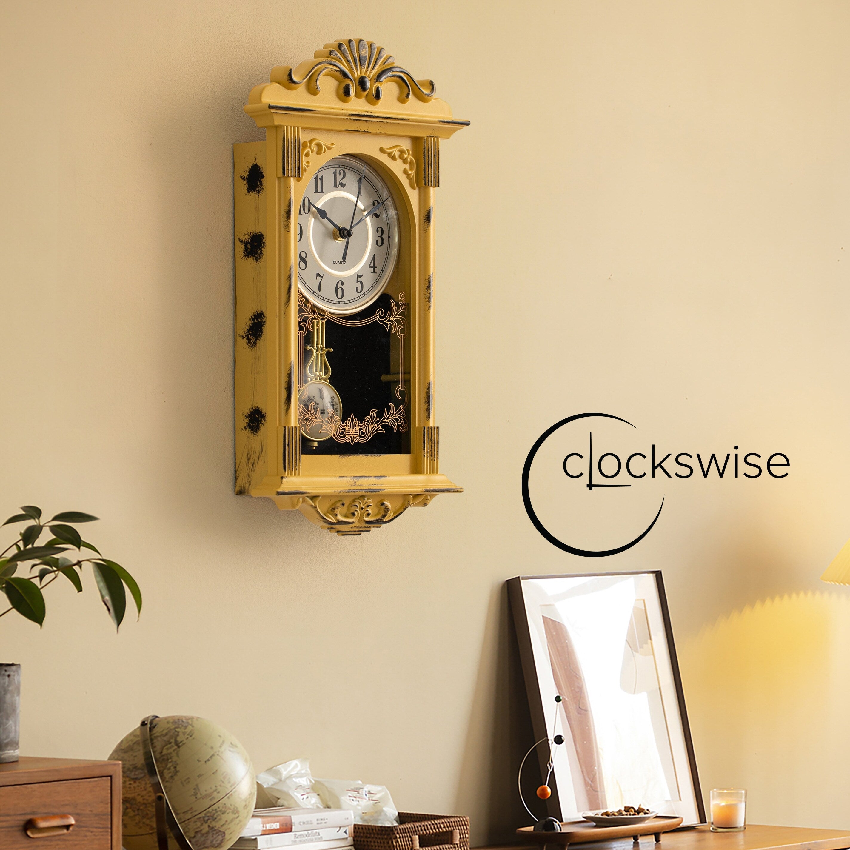 Clockswise Vintage Grandfather Wood-Looking Plastic Pendulum Decorative Battery-Operated Wall Clock Brown, for Home Decor