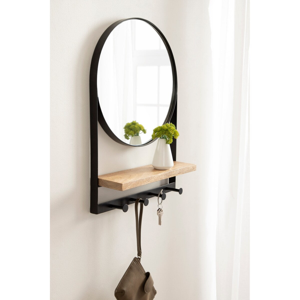 Kate and Laurel Chadwin Round Mirror with Shelf and Hooks