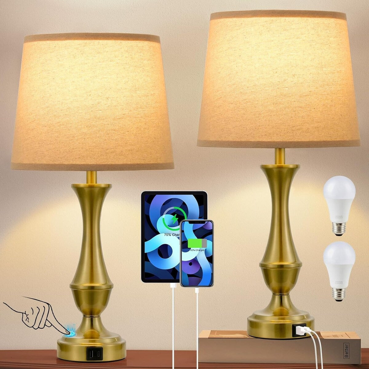 Touch Lamps Set of 2 - Nightstand Table Lamp with USB C+A, 3 Way Dimmable