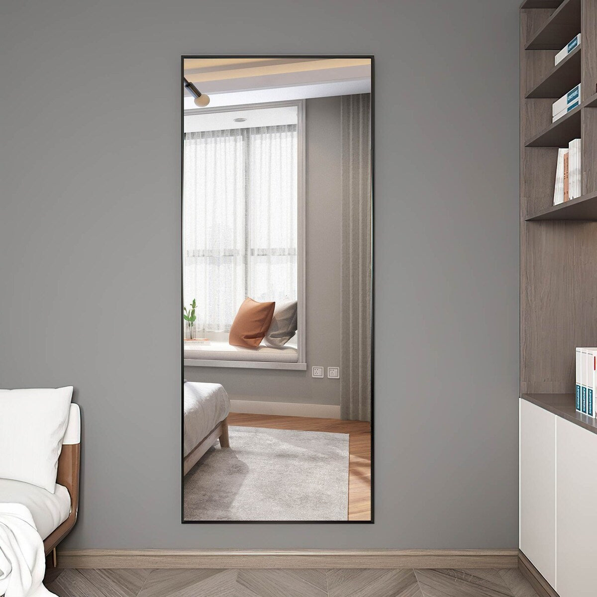 Solid wood frame full-length mirror, floor mounted/wall mounted