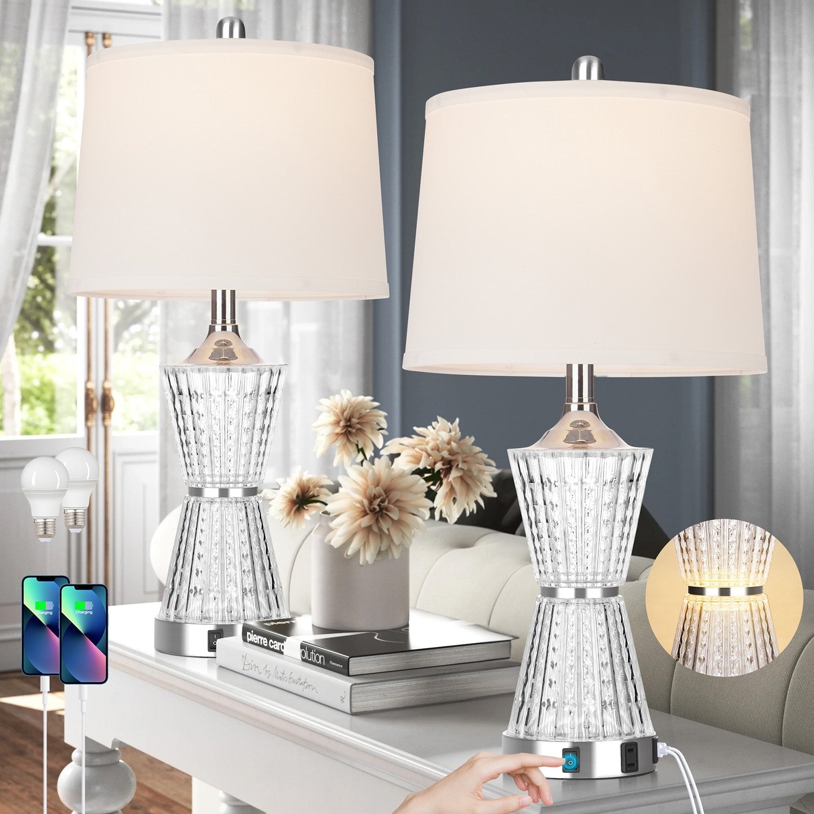 White Acrylic Table Lamp Night light 2in1 with 2 USB Charging Ports 1 AC Outlet Rotary Switch & Rocker Switch (Set of 2)