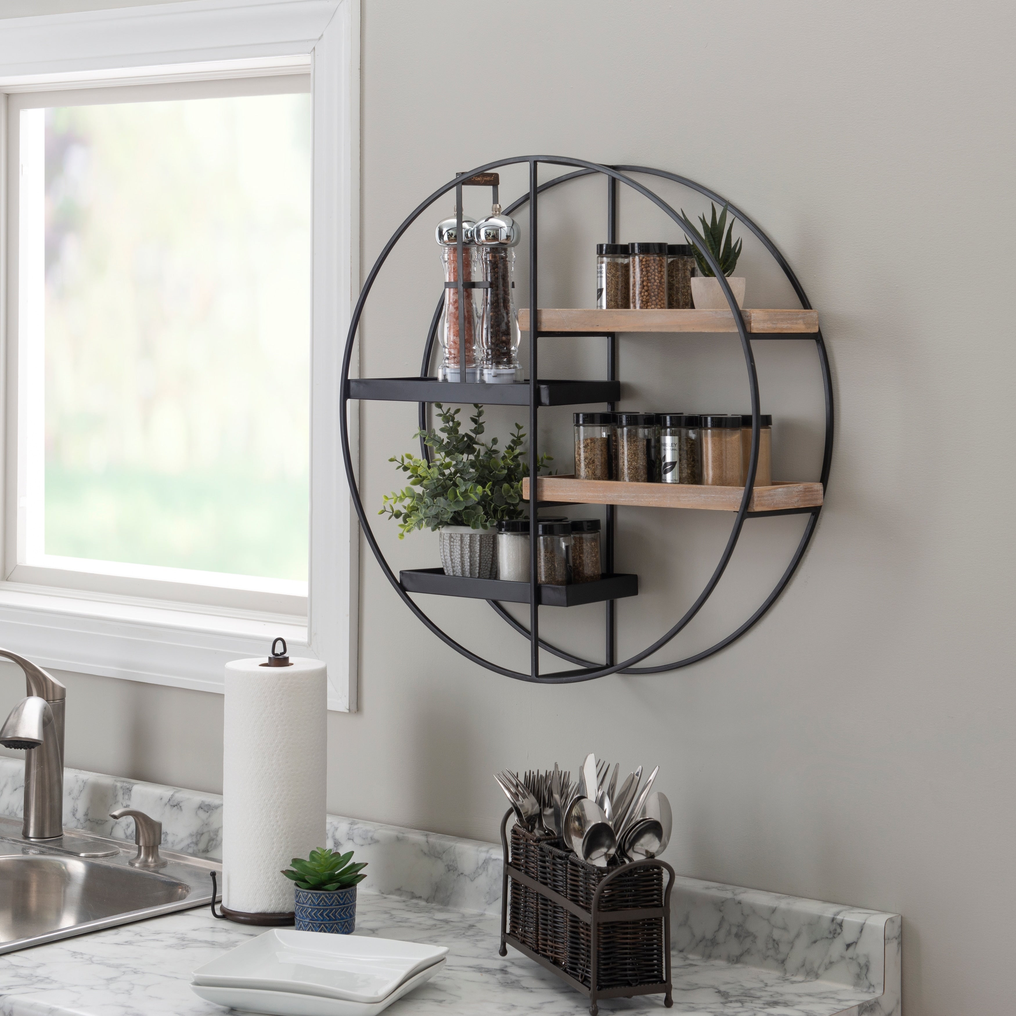 Montfort Round Modern Metal and Wood 4-tier Hanging Wall Shelf