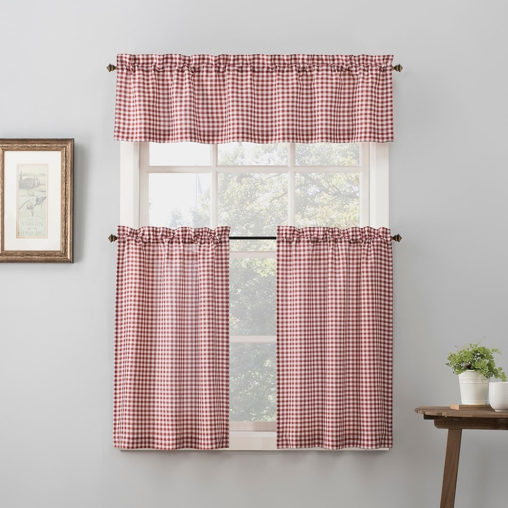 No. 918 Parkham Farmhouse Plaid Semi-Sheer Rod Pocket Kitchen Curtain Valance and Tiers Set