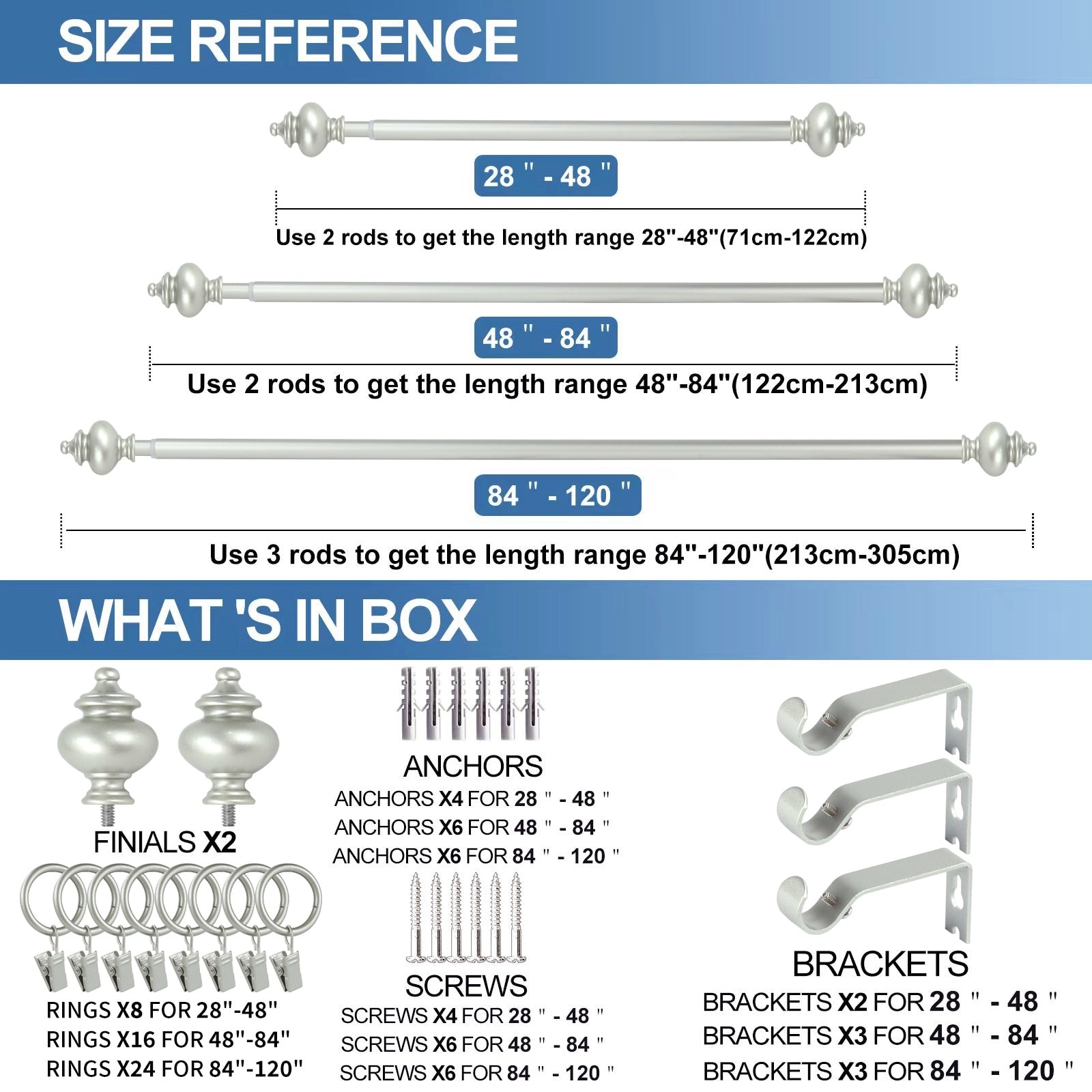 Modern Window Drapery Curtain Rod Set with 8 to 24 Rings