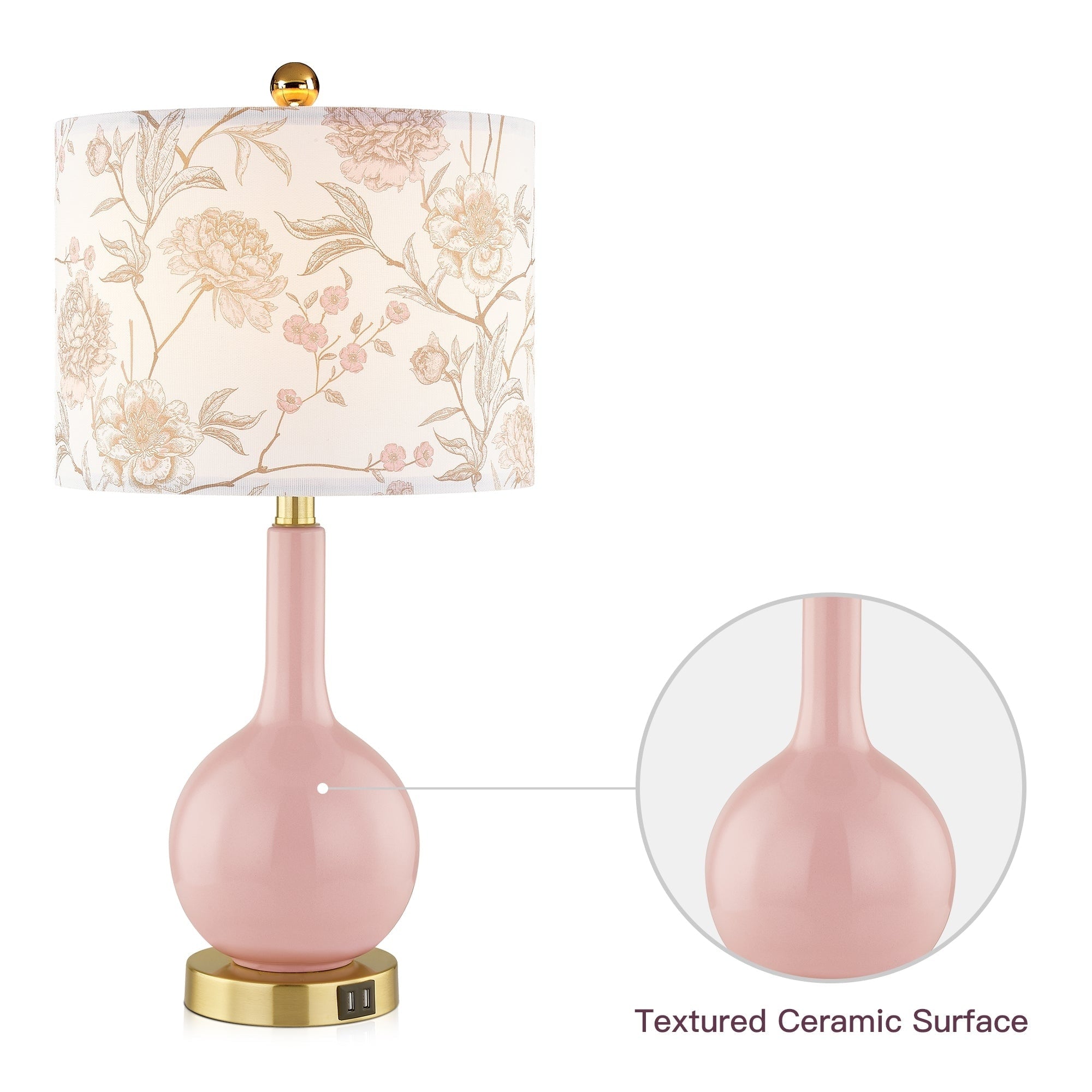 Pink Ceramic Table Lamp with 3-Way Touch Dimming Switch & Dual USB Charging Ports & - 12'' x 12'' x 24'' (L x W x H)