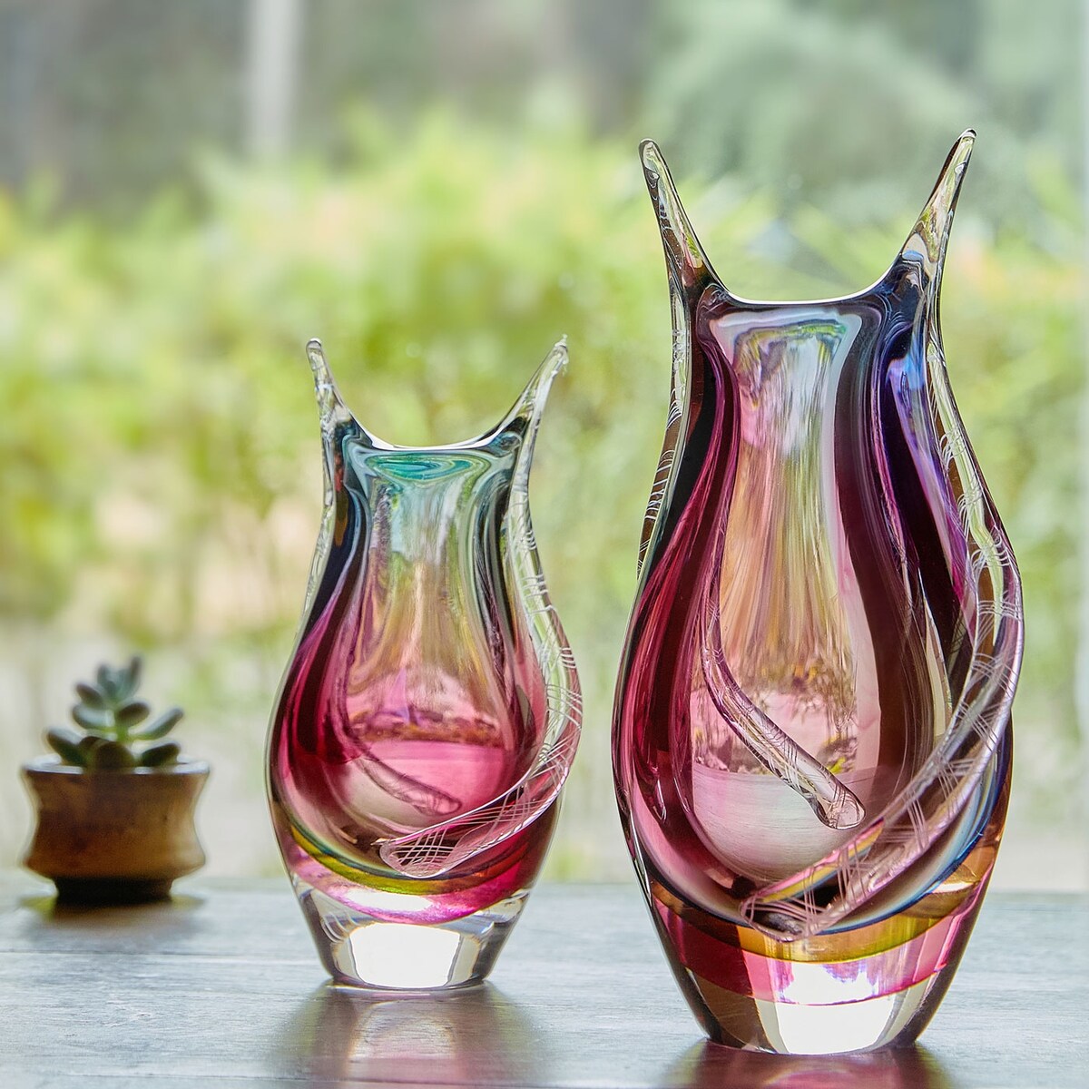 Luxury Lane Hand Blown Sommerso Art Glass Teardrop Vase 8-10.5 inch tall