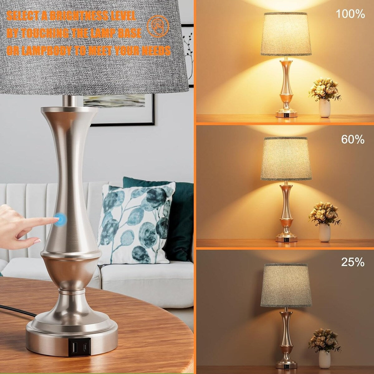 Touch Lamps Set of 2 - Nightstand Table Lamp with USB C+A, 3 Way Dimmable