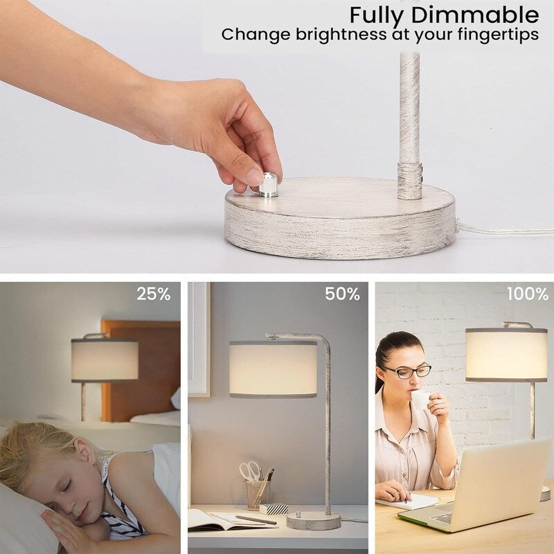 Dual USB port side table lamp, dimmable bedside lamp, desktop reading light - 13.98D x 13.98W x 25H