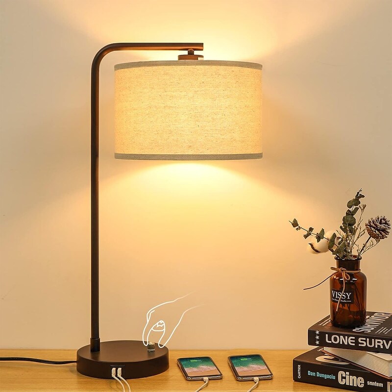 Dual USB port side table lamp, dimmable bedside lamp, desktop reading light - 13.98D x 13.98W x 25H