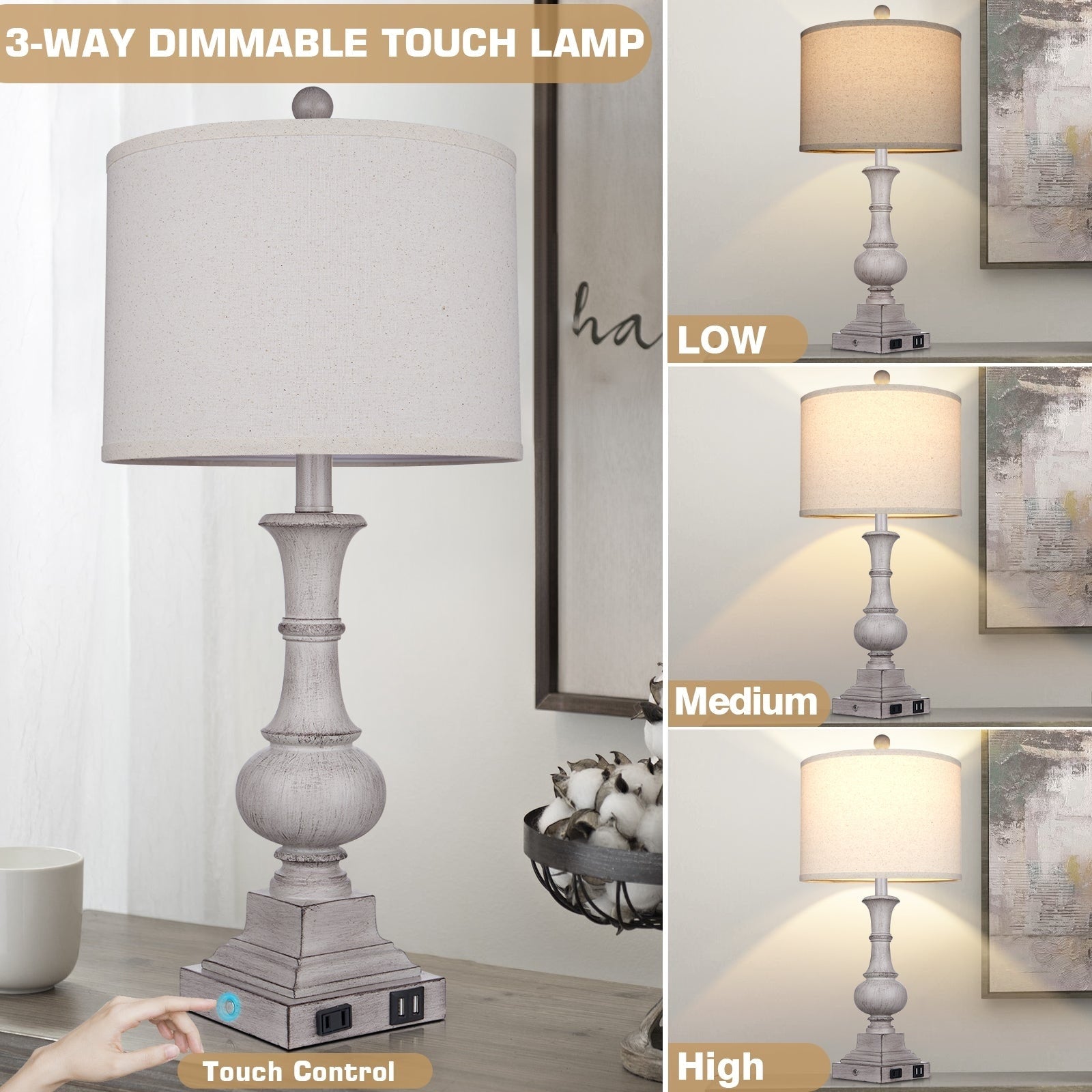 Grey Resin Table Lamps with USB & Type-C Charging Ports AC Outlet & 3-Way Dimming Switch (Set of 2)