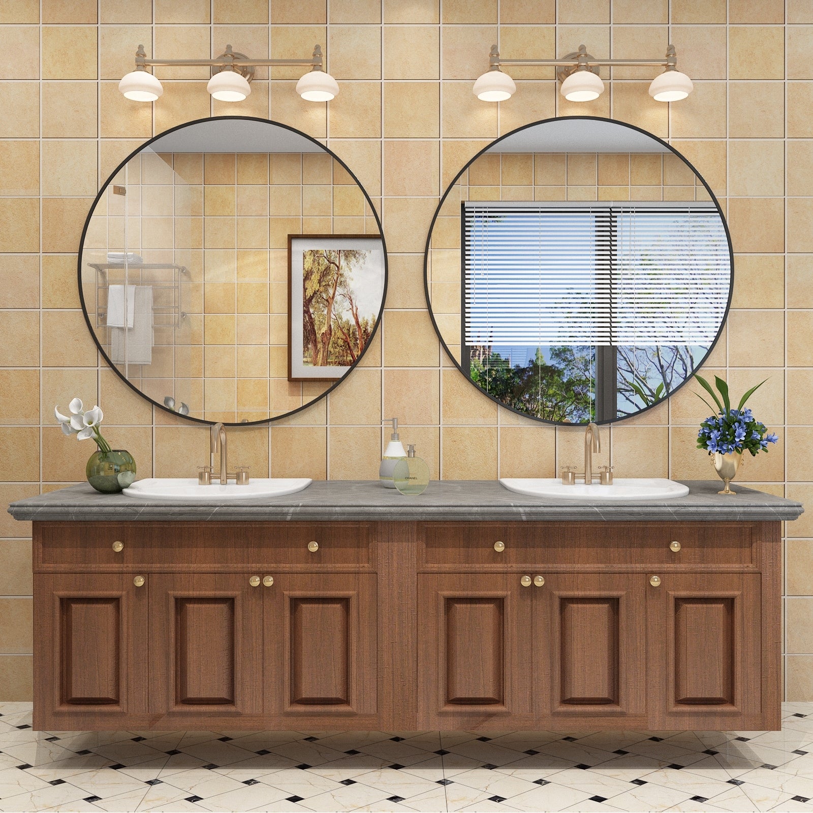 Apmir Round Metal Black Frame Bathroom Vanity Mirror Wall-mounted mirror