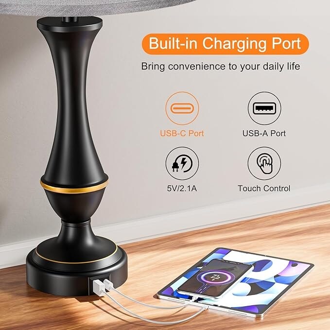 Touch Lamps Set of 2 - Nightstand Table Lamp with USB C+A, 3 Way Dimmable