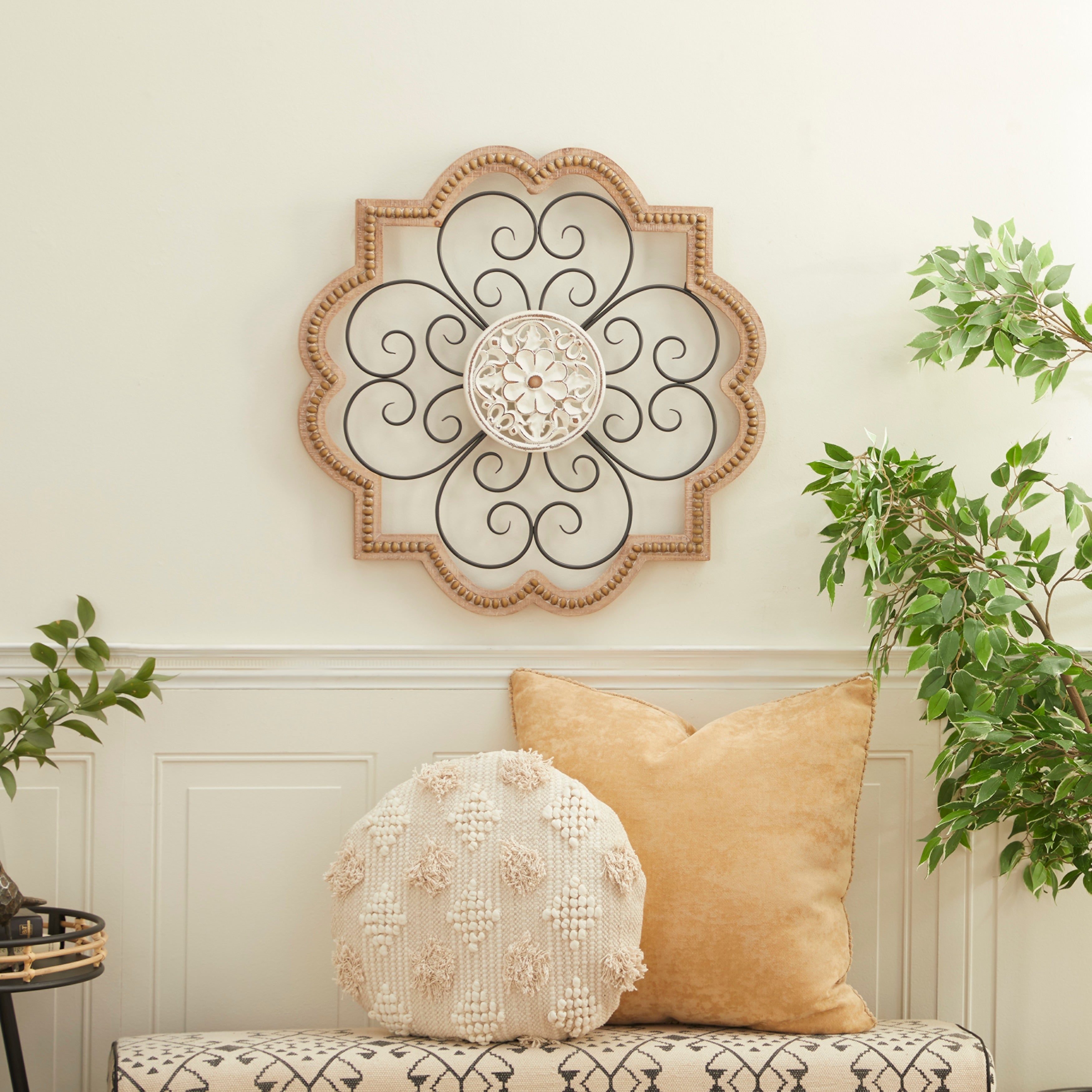 Wooden Scroll Carved Beading Wall Decor with Metal Accents - Brown - Roche River Decor