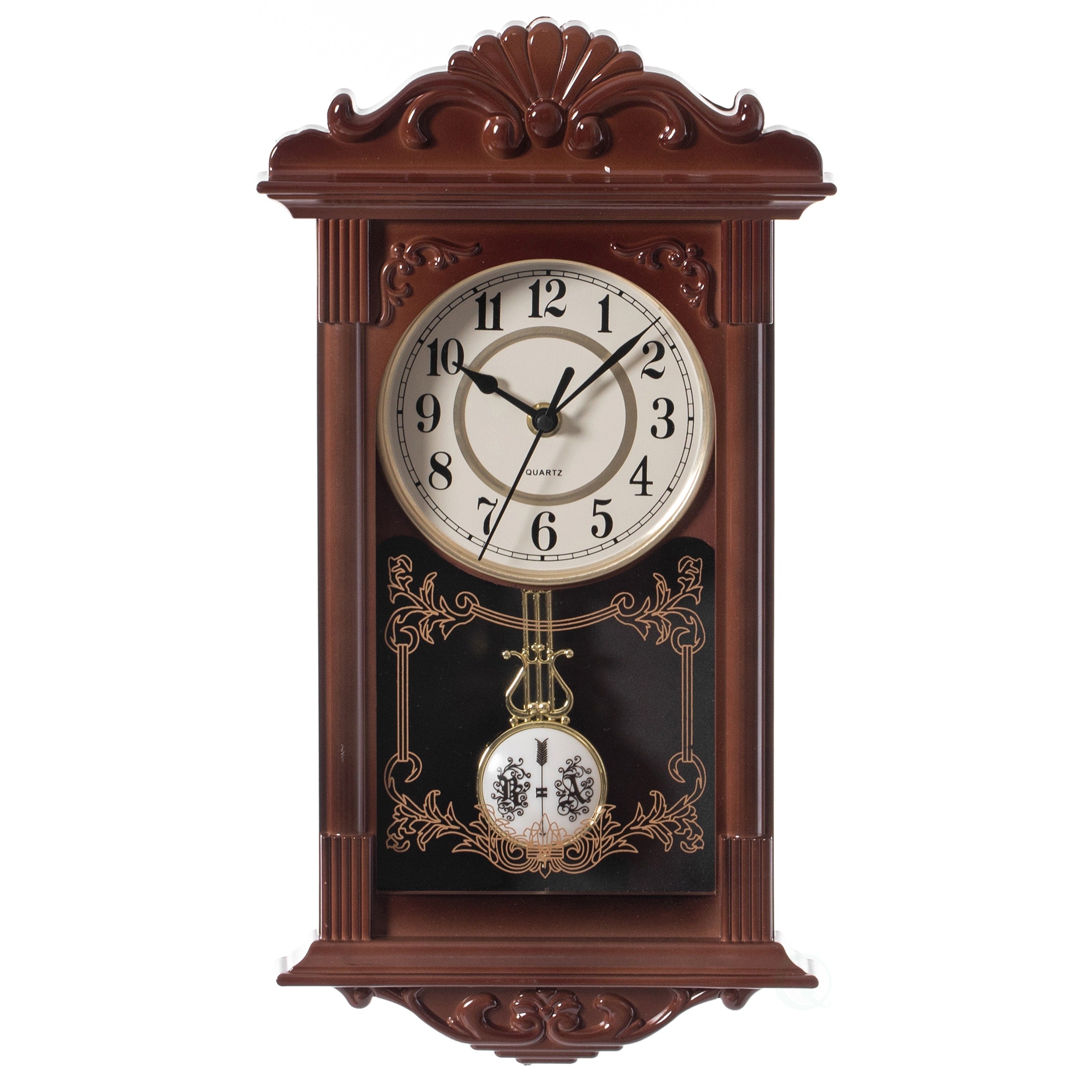 Clockswise Vintage Grandfather Wood-Looking Plastic Pendulum Decorative Battery-Operated Wall Clock Brown, for Home Decor