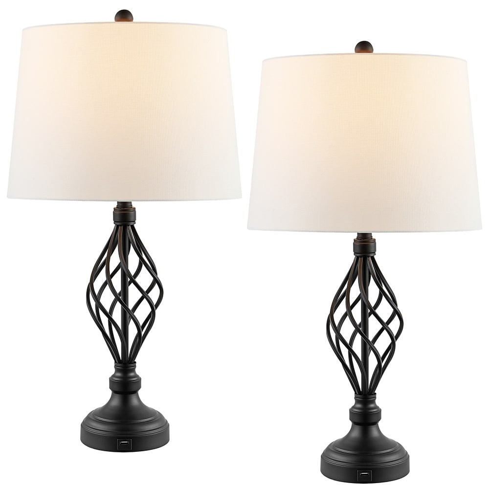 Dark Bronze USB Table Lamps with White Linen Shades (Set of 2) - 28in